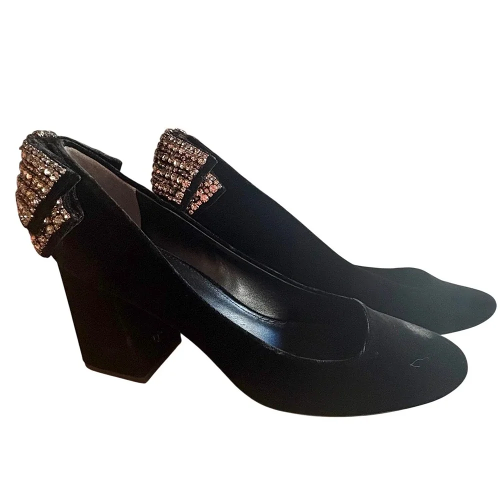 NIB TORY BURCH Josephine 75mm Pump Black Velvet Heels w/Rhinestone Bow Size 9.5